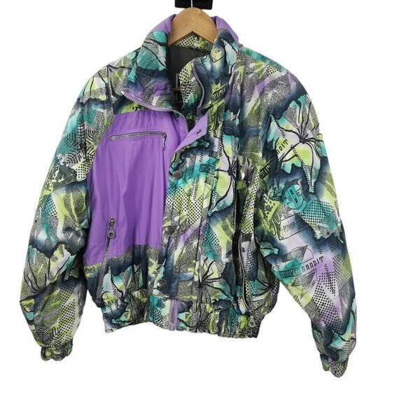 Vintage Jackets & Blazers - Vintage MDC Abstract Ski Jacket Size 12 Purple Pastel Bomber Color Block Winter